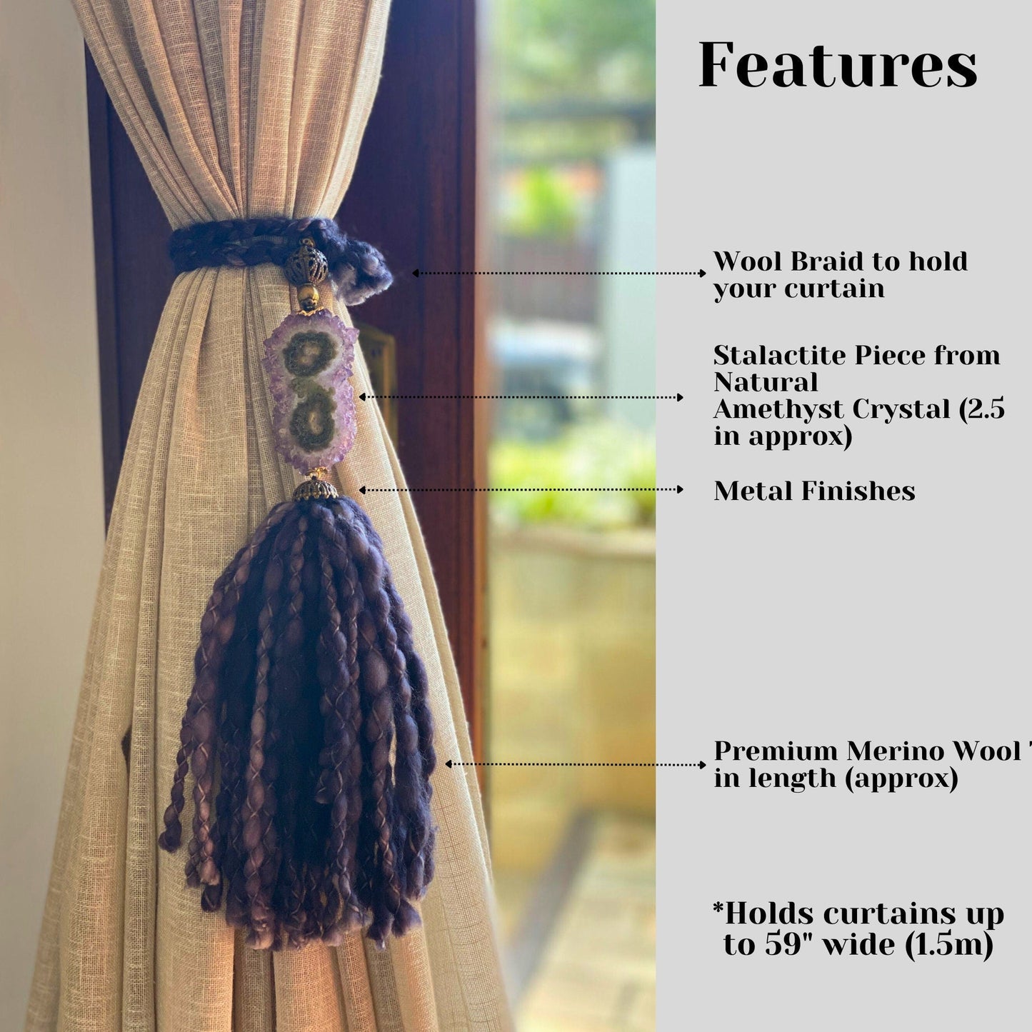 Curtains Tie Back with Amethyst Crystal and Merino Wool Tassels, Garland with Stalactite Stone, window curtains holder, Natural Wall Hanging