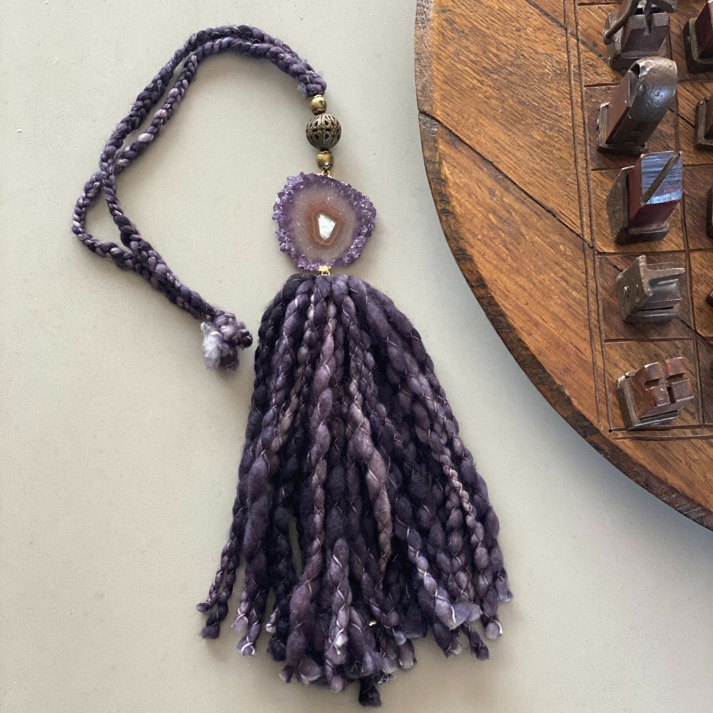 Curtains Tie Back with Amethyst Crystal and Merino Wool Tassels, Garland with Stalactite Stone, window curtains holder, Natural Wall Hanging