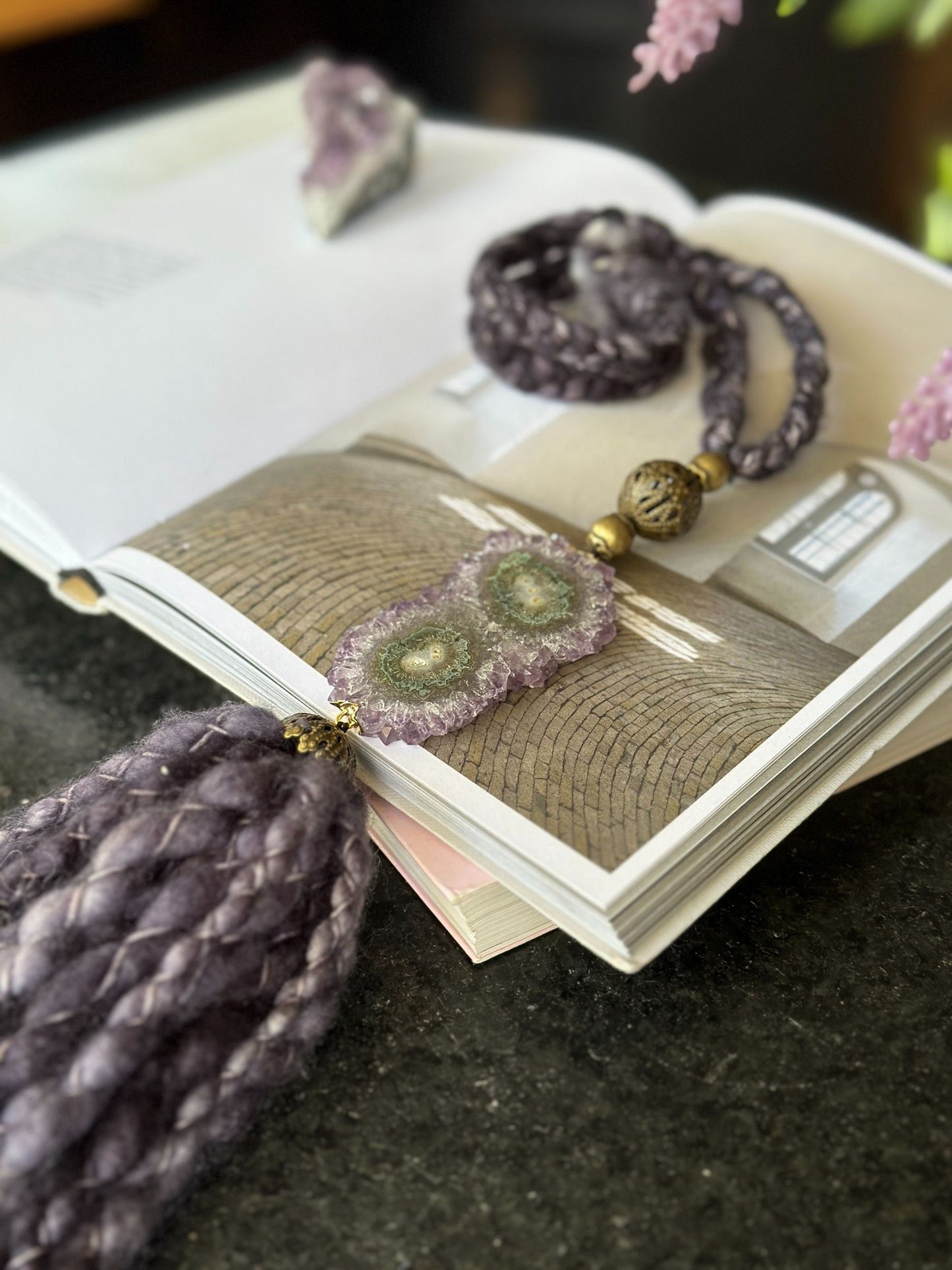 Curtains Tie Back with Amethyst Crystal and Merino Wool Tassels, Garland with Stalactite Stone, window curtains holder, Natural Wall Hanging