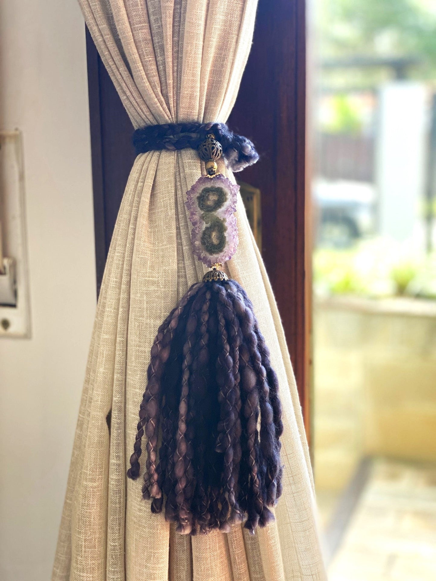 Curtains Tie Back with Amethyst Crystal and Merino Wool Tassels, Garland with Stalactite Stone, window curtains holder, Natural Wall Hanging
