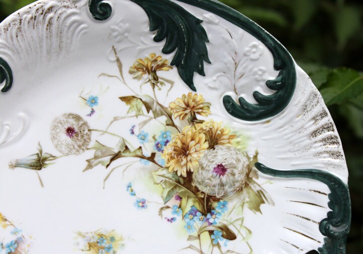 Antique Porcelain Platter. Hand Painted Plate with Dandelion and  Forget-Me-Not Pattern.