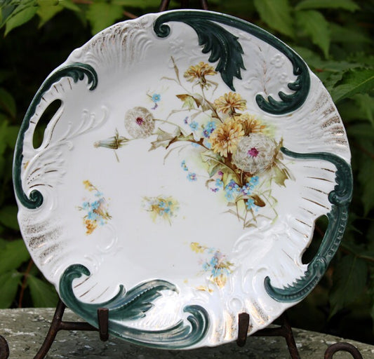 Antique Porcelain Platter. Hand Painted Plate with Dandelion and  Forget-Me-Not Pattern.