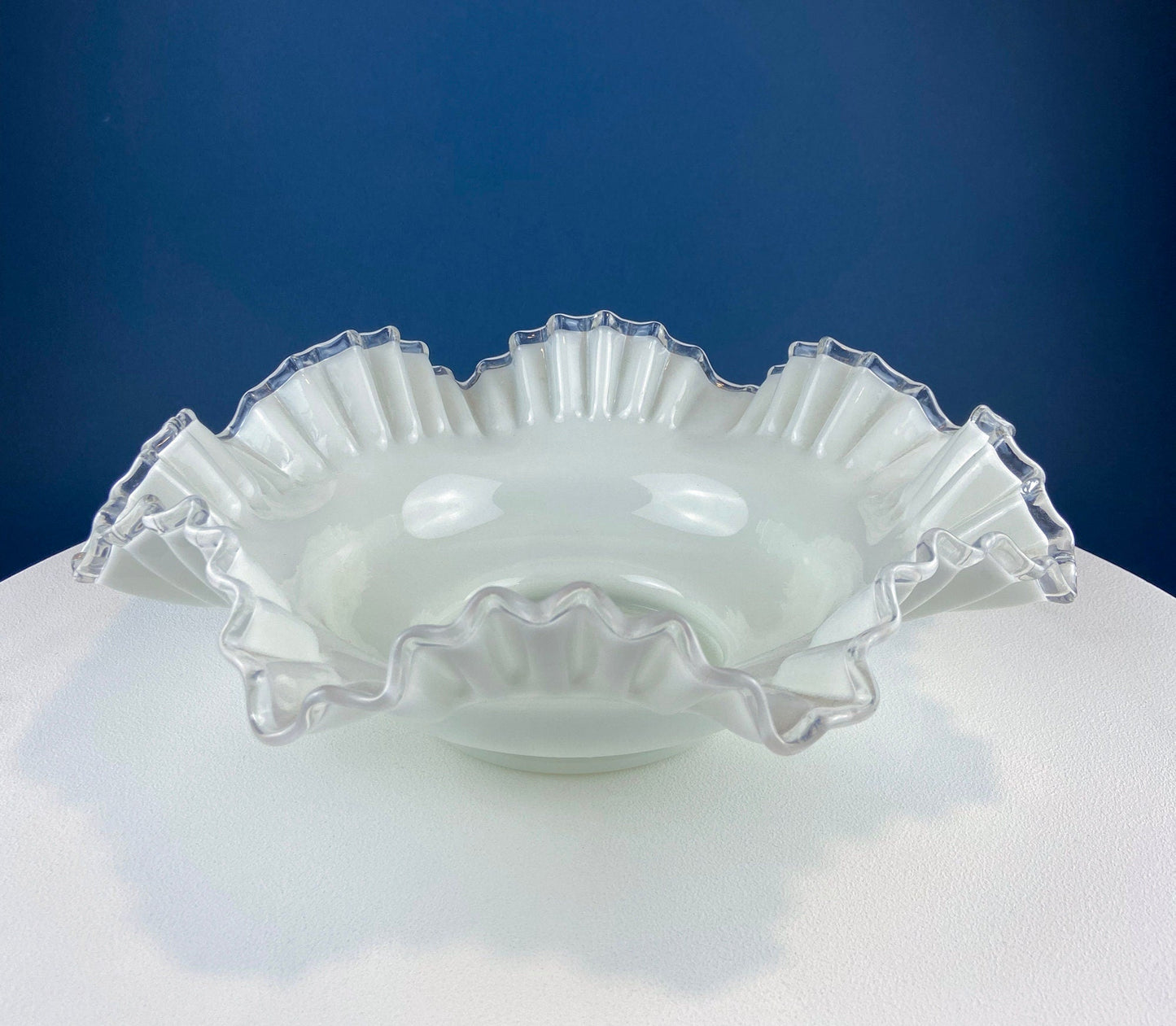 Silvercrest Bowl with Ruffled Edge. White Glass Fruit Bowl or Serving Dish with Clear Brim. Table Centerpiece. Serviceware. Wedding Gift.
