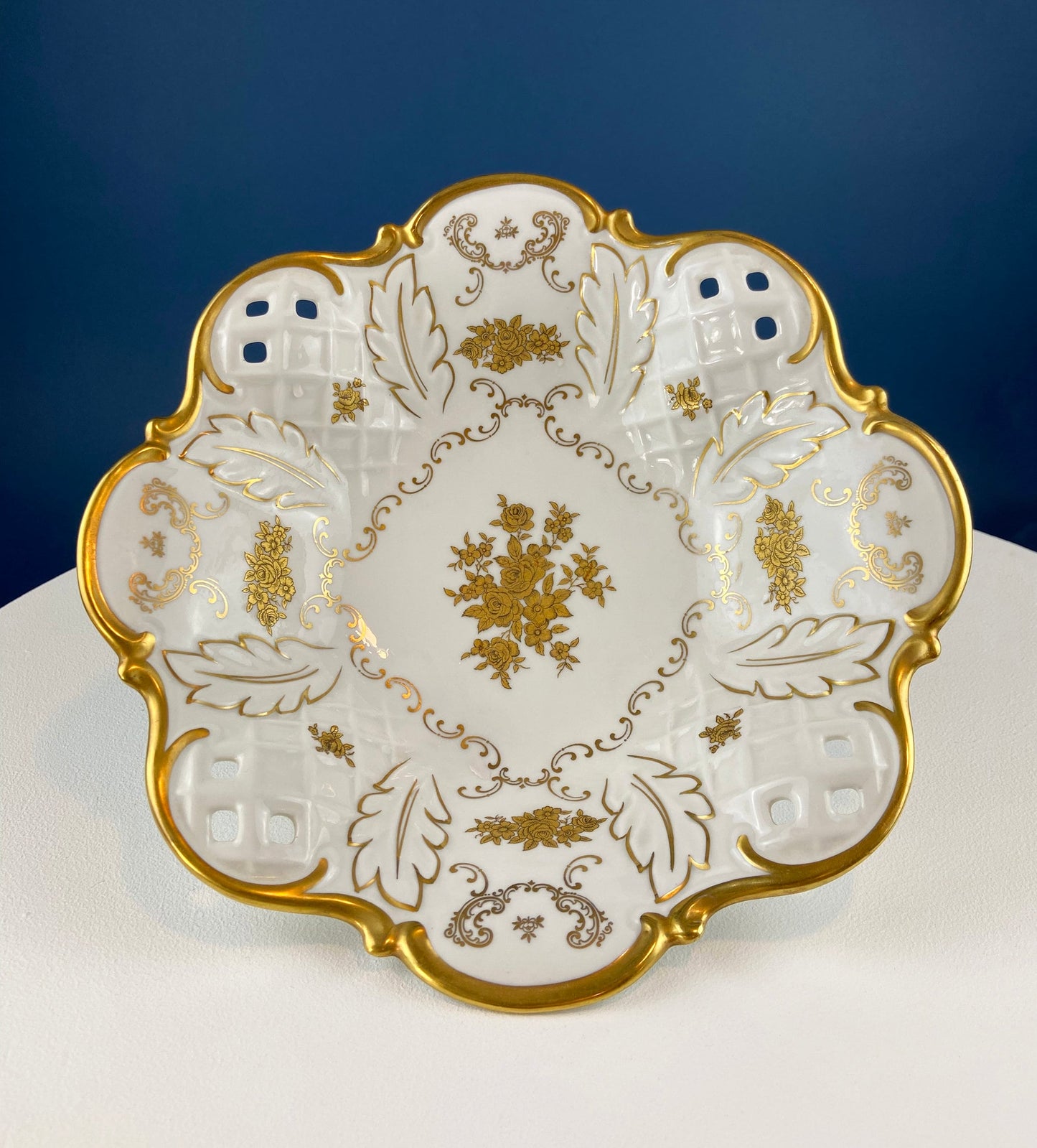 White and Gold Rosenthal Bowl.  Antique Footed Porcelain Serving Dish with Scalloped Rim and Reticulated Motif. Stunning Wedding Gift.