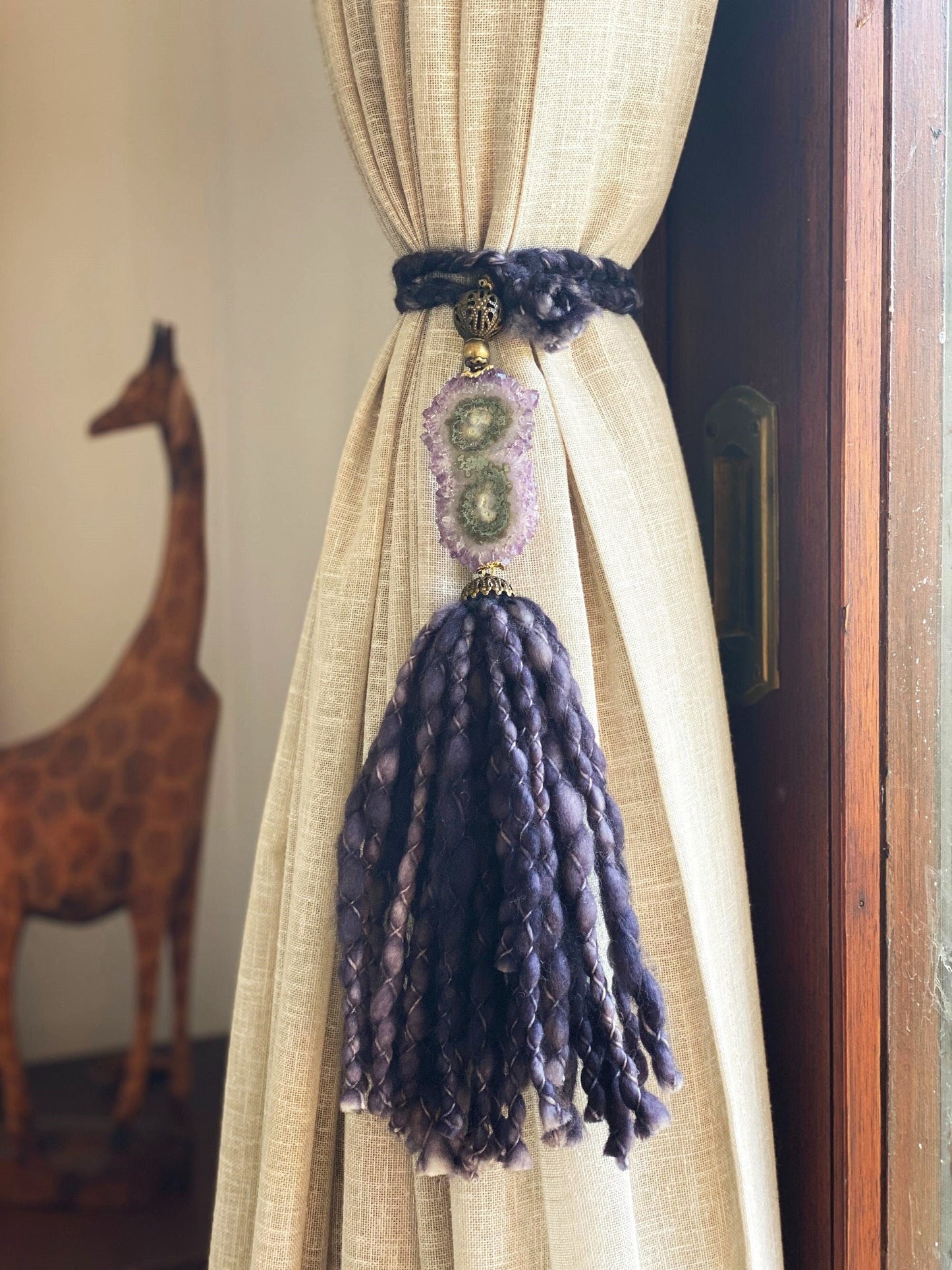 Curtains Tie Back with Amethyst Crystal and Merino Wool Tassels, Garland with Stalactite Stone, window curtains holder, Natural Wall Hanging