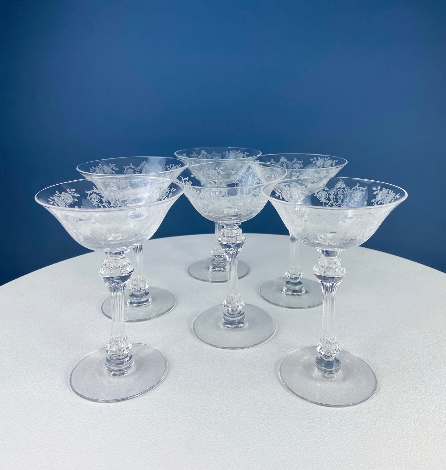 Vintage Tiffin Franciscan Champagne Stemware. Cherokee Rose Motif. Set of 8 Stunning Etched Champagne Glasses. Fine Dining. Fancy Barware.