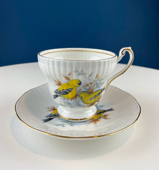 Vintage Cup and Saucer with Yellow Birds. Queens's Fine Bone China. Birds of America. Pair of Finches. Gift of Love. Modern Farmhouse.