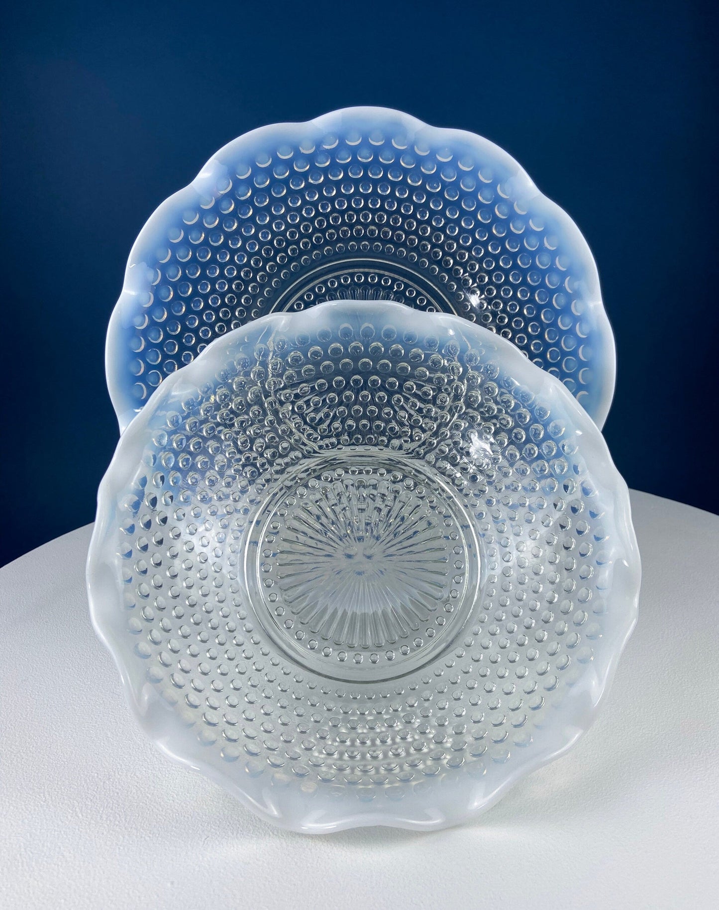 Vintage Moonstone Serving Set. Hobnail Large Bowl and Matching Plate. Salad or Fruit Bowl. Serving Platter. Modern Table Centerpiece.