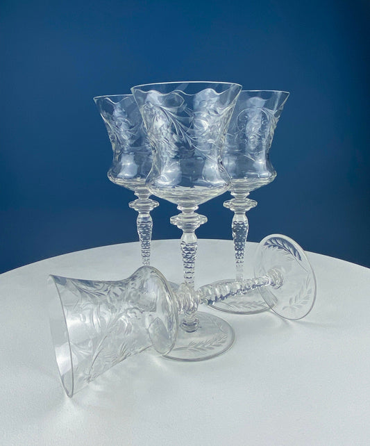 Vintage Wine or Water Goblets by Newton Crystal Co. Hand Blown Tall Stemware. Swirl Optic and Cut Floral. Stem #3365-3. Set of 4 Glasses.
