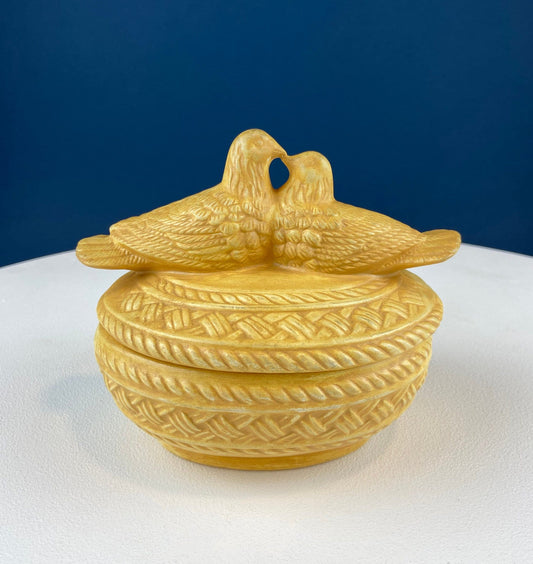 Buff Colored Ceramic Doves on Nest. Beige Kissing Birds on Basket. Dish with Pair of Love Birds. Trinket Storage Bowl or Serving Dish.