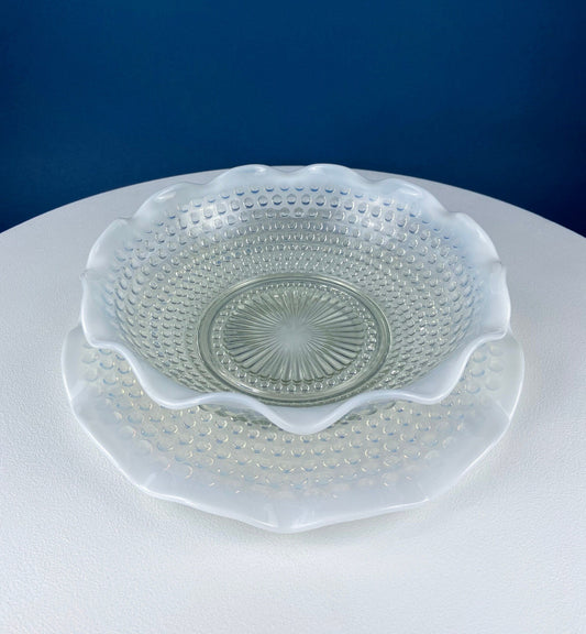 Vintage Moonstone Serving Set. Hobnail Large Bowl and Matching Plate. Salad or Fruit Bowl. Serving Platter. Modern Table Centerpiece.