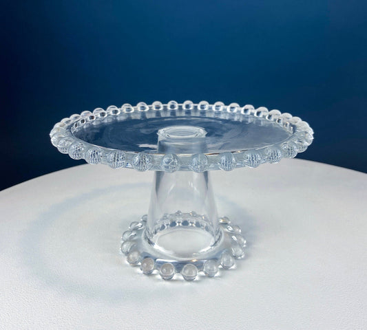 Vintage Clear Glass Cake or Cupcake Stand with Beaded Rim and Base.  Mid Century Modern Sweets Serving Pedestal. Wedding Dining Room Decor.
