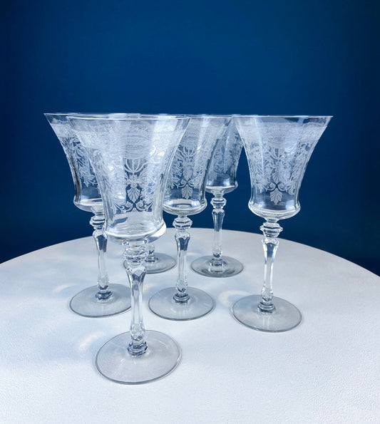 Vintage Etched Poppies Wine/Water Crystal Goblets. Mayfield by Tiffin Franciscan. Set of 7 Stunning Art Nouveau/Art Deco Stemware.