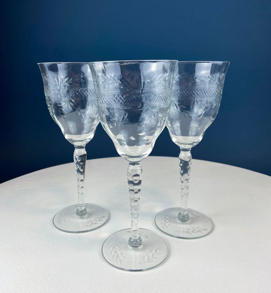 Vintage Wine or Water Goblets with Floral Cut Motif & Horizontal Band. Blown Glass Tall Stemware. Set of 8 Stemware. Unknown Manufacturer