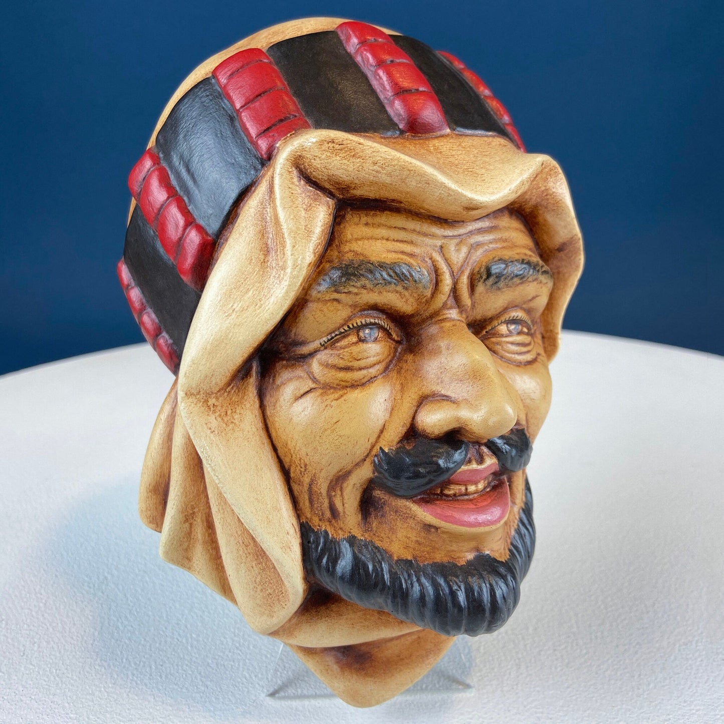 Vintage Chalkware Head of syarian in Blue Hat. Life Like Caricature of Bearded Man. Ethnic Wall Hanging. Collectibl