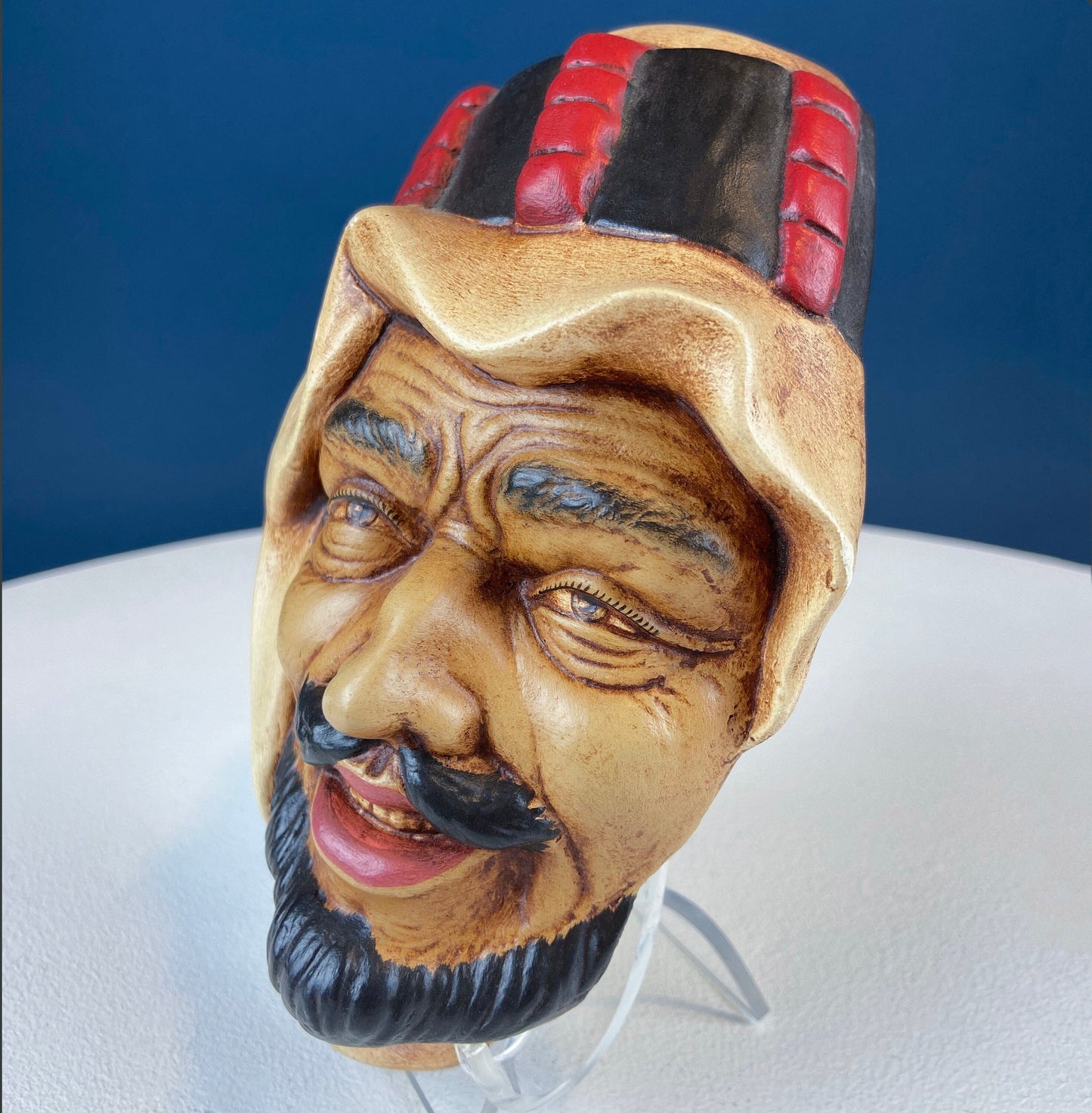 Vintage Chalkware Head of syarian in Blue Hat. Life Like Caricature of Bearded Man. Ethnic Wall Hanging. Collectibl