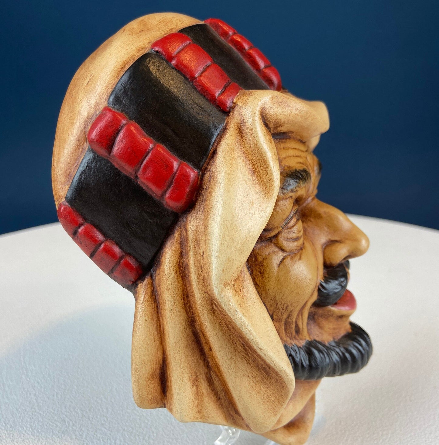 Vintage Chalkware Head of syarian in Blue Hat. Life Like Caricature of Bearded Man. Ethnic Wall Hanging. Collectibl