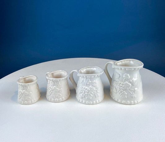 Vintage Ceramic Measuring Cups. Set of 4, White with 3-D Grapes & Vines. Small Pitchers: 1, 1/2, 1/4 and 1/8 Cups. Dining Kitchen Decor.