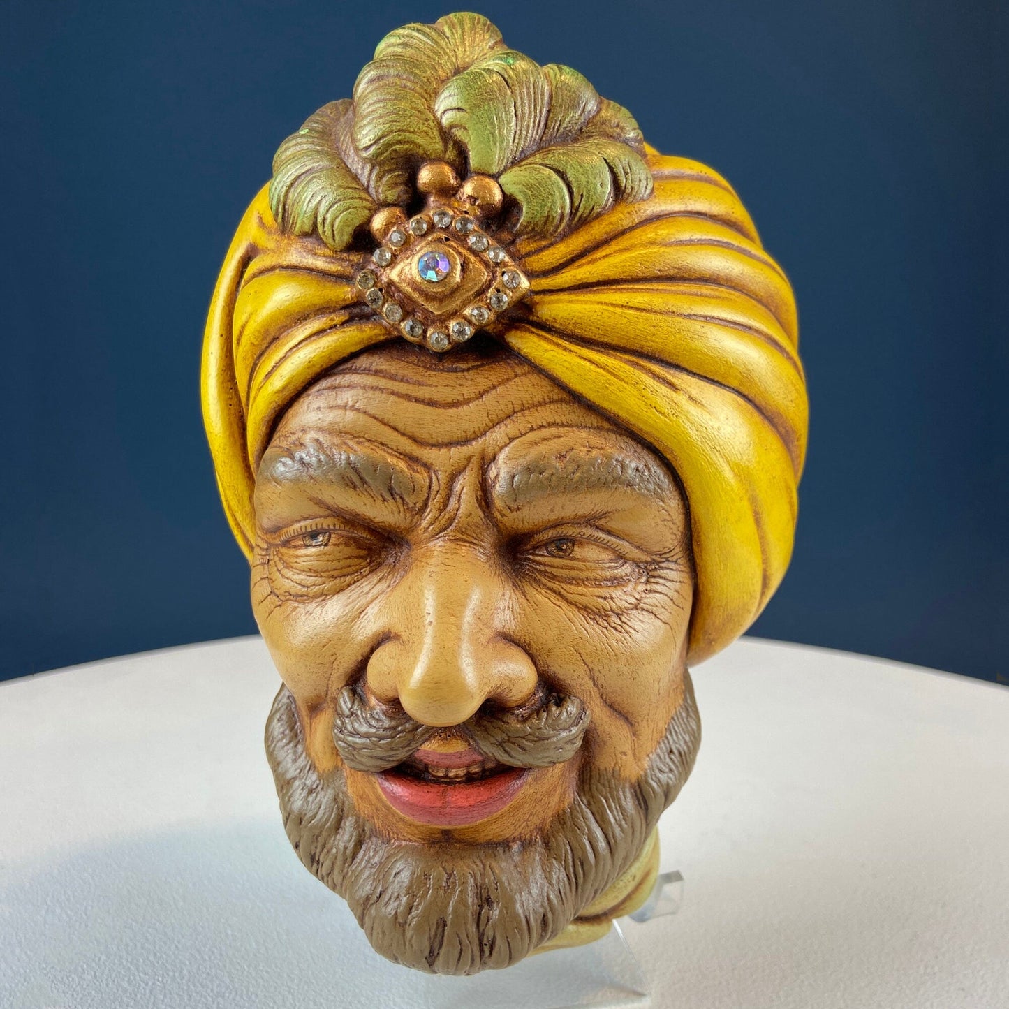 Vintage Chalkware Head of syarian in Blue Hat. Life Like Caricature of Bearded Man. Ethnic Wall Hanging. Collectibl