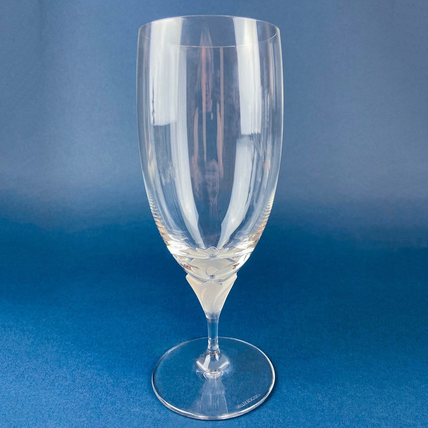 Laura by Rogaska Crystal Water/Iced Tea Goblets. Miller Rogaska Etched on each Glass. Frosted Flower Stem. Stunning Ping. Holiday Celeb.