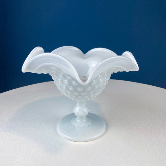 Milk Glass Footed Bowl Shaped like Hibiscus. White Glass Compote with Hobnail Pattern and Scalloped/Ruffled Rim. Serving Dish. Trinket Dish.