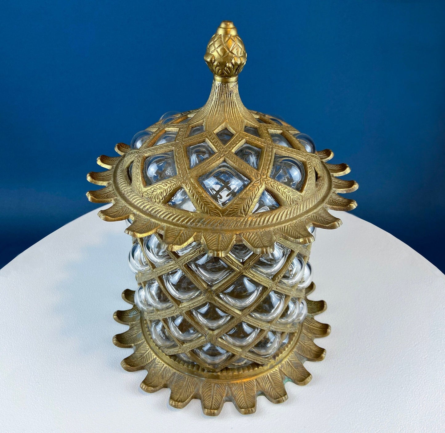 Large Heavy Glass and Brass Urn/Jar/Candle Holder. Hand Blown Bubble Glass Encased in Metal Frame. Absolutely Gorgeous Art Piece.