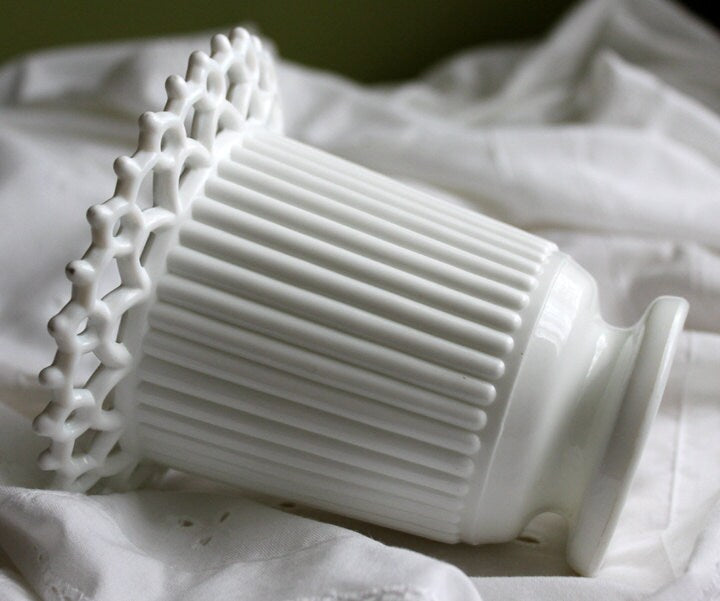 Vintage Milk Glass Vase.  Planter with Sailor Lace Rim Pattern and Ribbed Surface.  Vase by Atterbury Glass, Co.