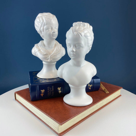 White Porcelain Girl and Boy Busts. Victorian Children Statues for Office or Library. Napcoware. Gift for Reader or Librarian. Cottagecore.