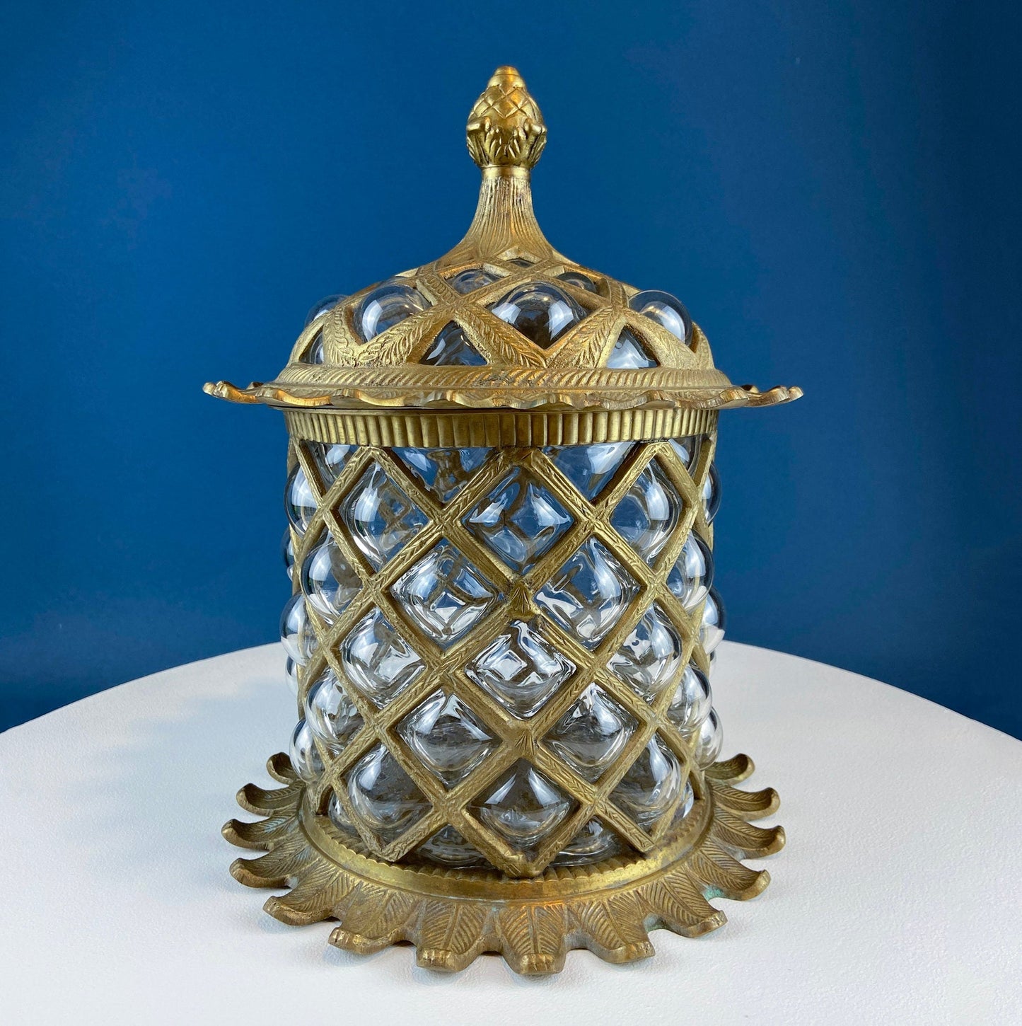Large Heavy Glass and Brass Urn/Jar/Candle Holder. Hand Blown Bubble Glass Encased in Metal Frame. Absolutely Gorgeous Art Piece.
