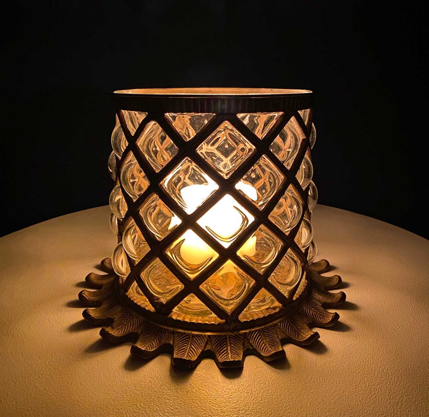 Large Heavy Glass and Brass Urn/Jar/Candle Holder. Hand Blown Bubble Glass Encased in Metal Frame. Absolutely Gorgeous Art Piece.