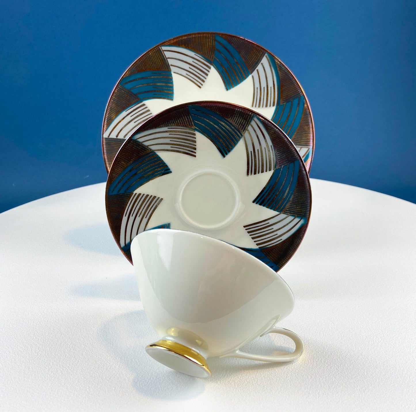 Antique Bavarian Porcelain Tea Cup Trio. Porcelain Cup, Saucer, Dessert Plate in Gold Green White Geometrical Motif. Maud Dining Room Decor.