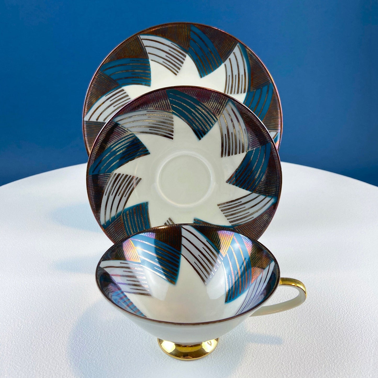 Antique Bavarian Porcelain Tea Cup Trio. Porcelain Cup, Saucer, Dessert Plate in Gold Green White Geometrical Motif. Maud Dining Room Decor.