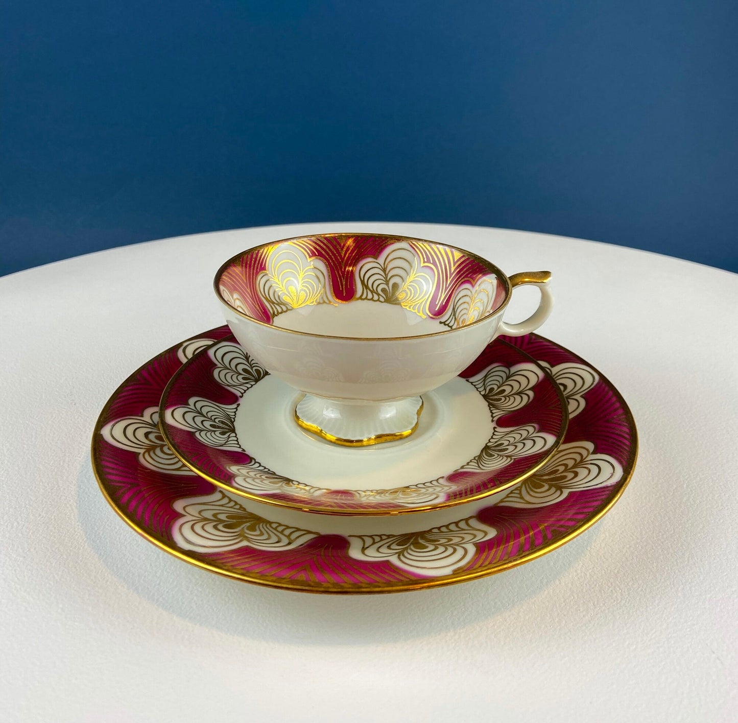 Antique Bavarian Cup, Saucer and Dessert Plate by Elgenbein Porcelain. Gold and Red Floral Pattern. Dining Room Decor. Mid Century Modern.