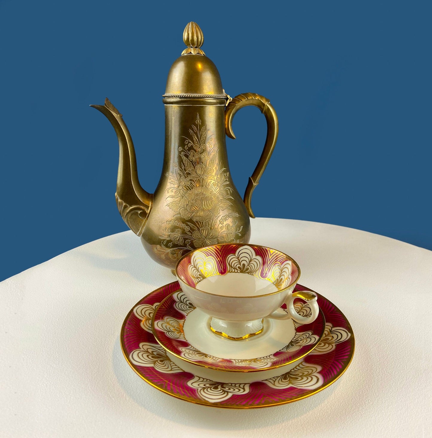 Antique Bavarian Cup, Saucer and Dessert Plate by Elgenbein Porcelain. Gold and Red Floral Pattern. Dining Room Decor. Mid Century Modern.