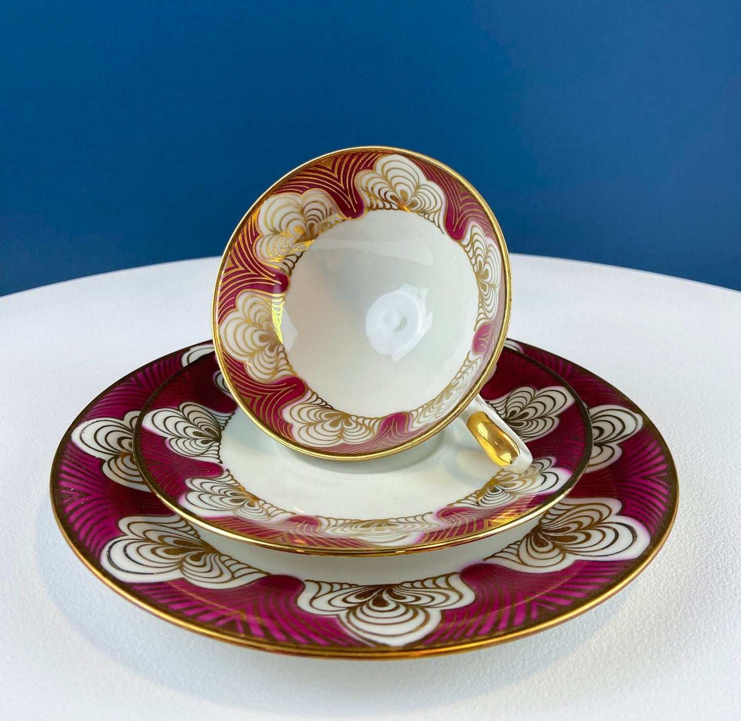 Antique Bavarian Cup, Saucer and Dessert Plate by Elgenbein Porcelain. Gold and Red Floral Pattern. Dining Room Decor. Mid Century Modern.