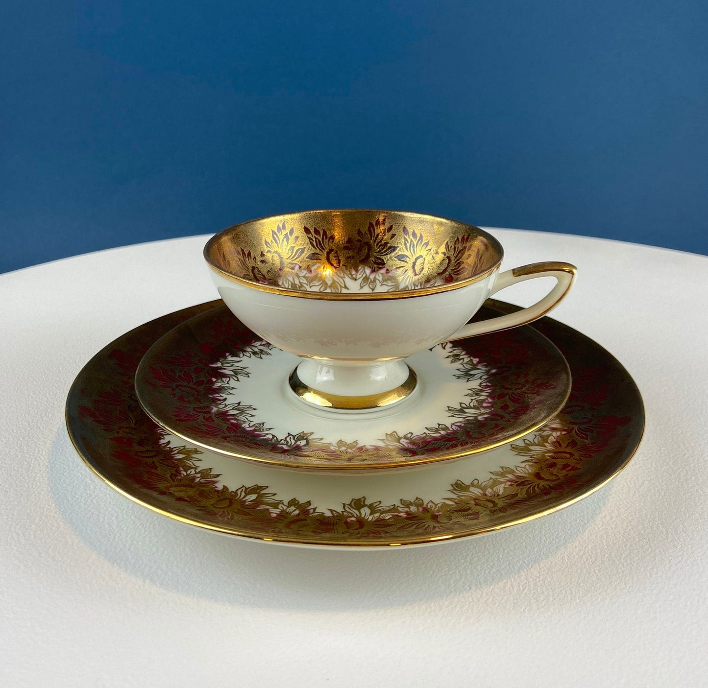 Antique Bavarian Cup, Saucer and Dessert Plate by Elgenbein Porcelain. Gold and Red Floral Pattern. Dining Room Decor. Mid Century Modern.