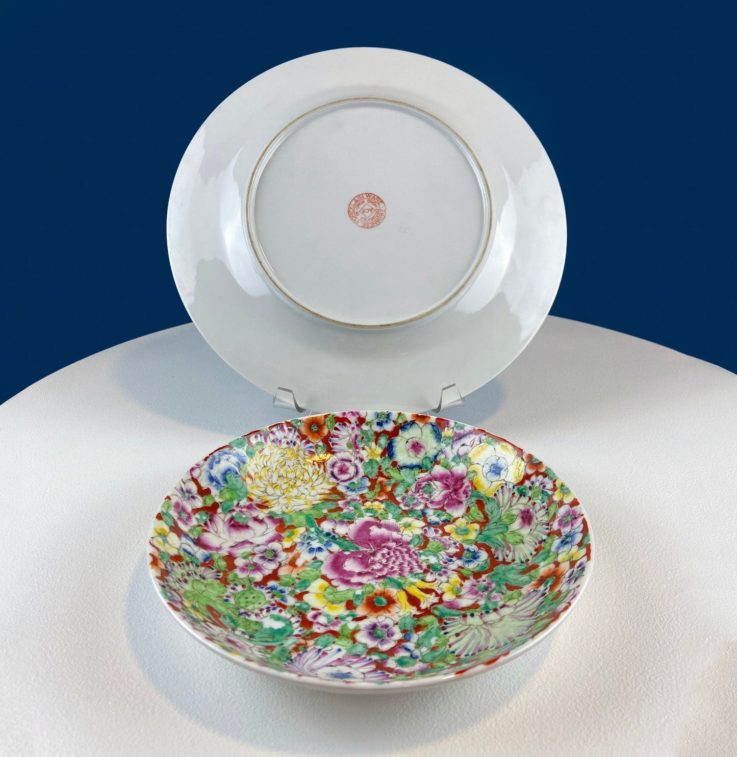 Hand-Painted Set of Two Decorative or Serving Dishes with a Flowers Motif. 10.5" Flat Platter and 7.5" Shallow Bowl. Dining Room Decor.