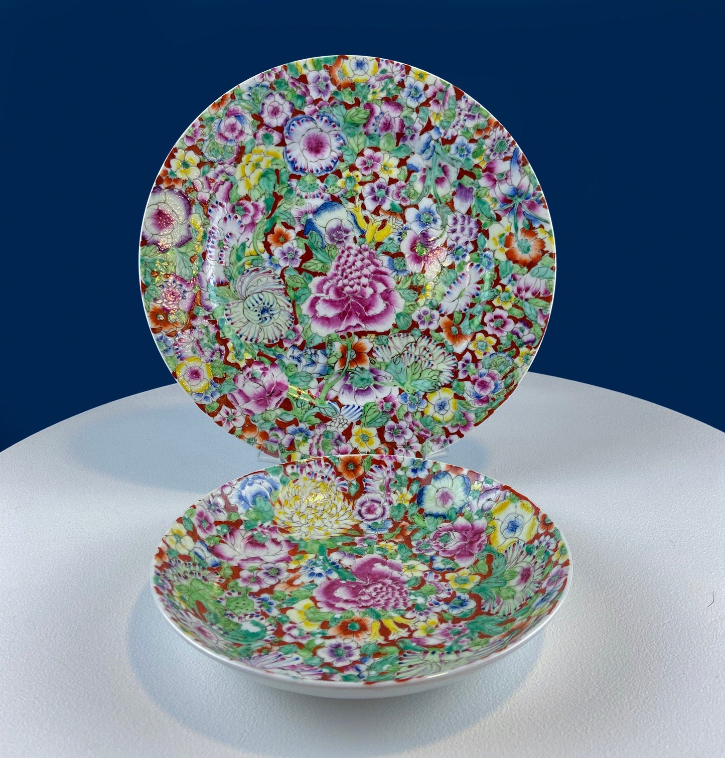 Hand-Painted Set of Two Decorative or Serving Dishes with a Flowers Motif. 10.5" Flat Platter and 7.5" Shallow Bowl. Dining Room Decor.