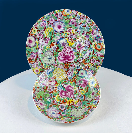 Hand-Painted Set of Two Decorative or Serving Dishes with a Flowers Motif. 10.5" Flat Platter and 7.5" Shallow Bowl. Dining Room Decor.