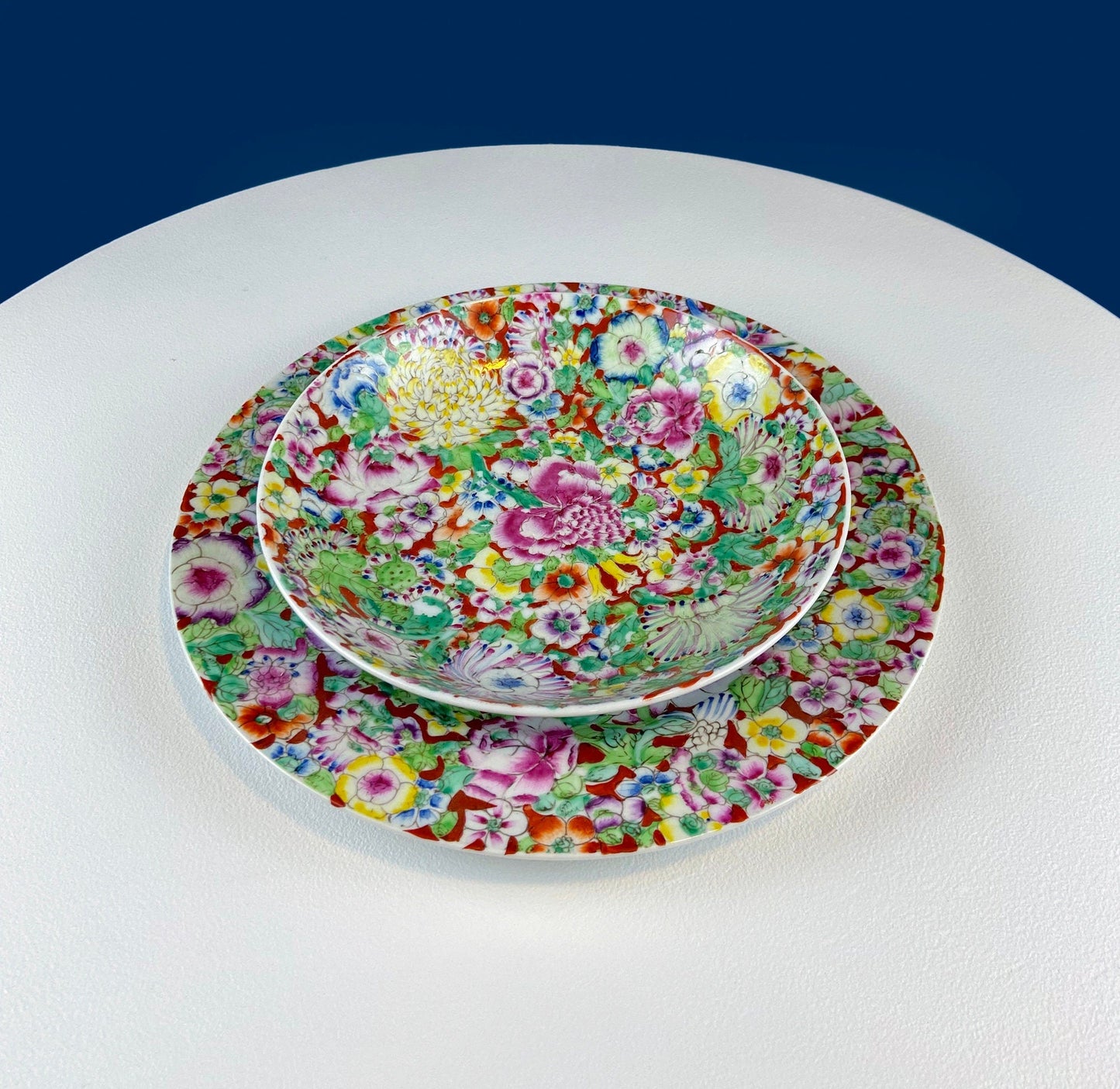 Hand-Painted Set of Two Decorative or Serving Dishes with a Flowers Motif. 10.5" Flat Platter and 7.5" Shallow Bowl. Dining Room Decor.
