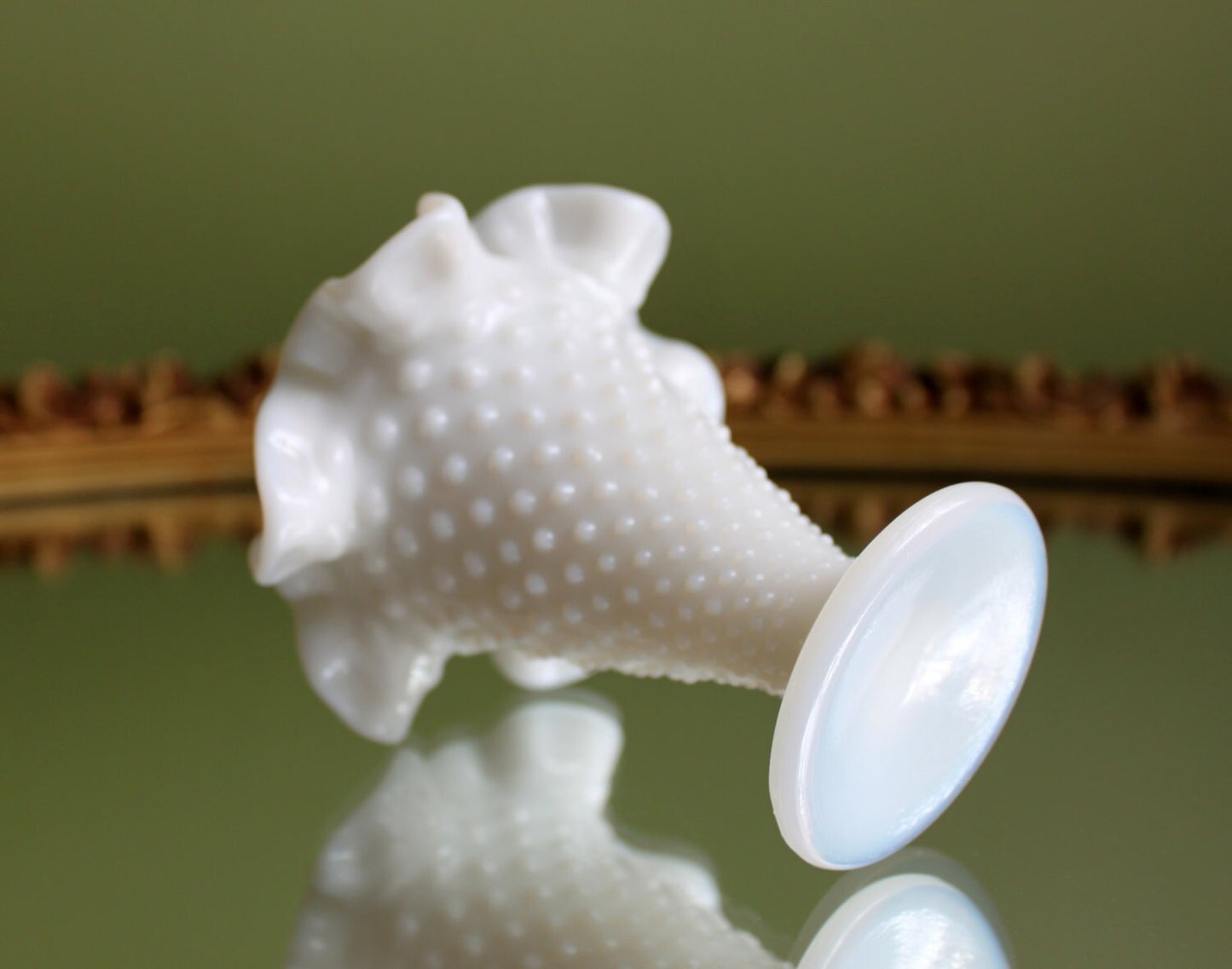 Fenton Milk Glass Vase.  Small Vase with Hobnail Pattern. Vase with Graded Hobnail, Ruffled and Scalloped Rim.