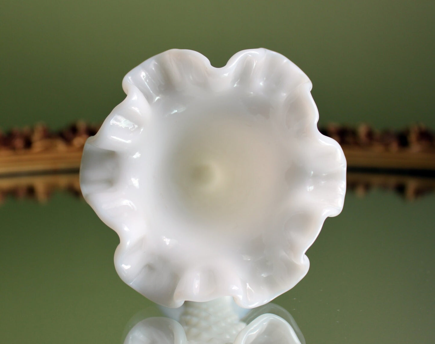 Fenton Milk Glass Vase.  Small Vase with Hobnail Pattern. Vase with Graded Hobnail, Ruffled and Scalloped Rim.