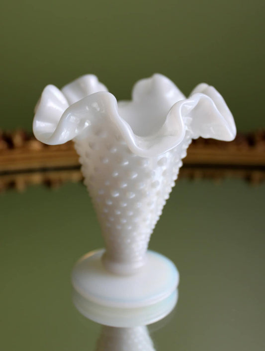 Fenton Milk Glass Vase.  Small Vase with Hobnail Pattern. Vase with Graded Hobnail, Ruffled and Scalloped Rim.