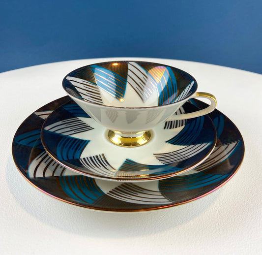 Antique Bavarian Porcelain Tea Cup Trio. Porcelain Cup, Saucer, Dessert Plate in Gold Green White Geometrical Motif. Maud Dining Room Decor.