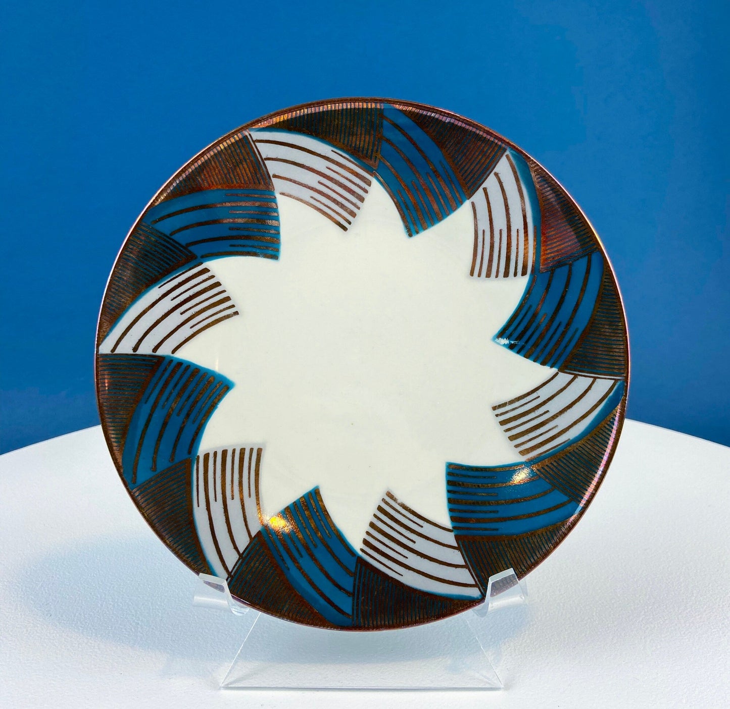 Antique Bavarian Porcelain Tea Cup Trio. Porcelain Cup, Saucer, Dessert Plate in Gold Green White Geometrical Motif. Maud Dining Room Decor.