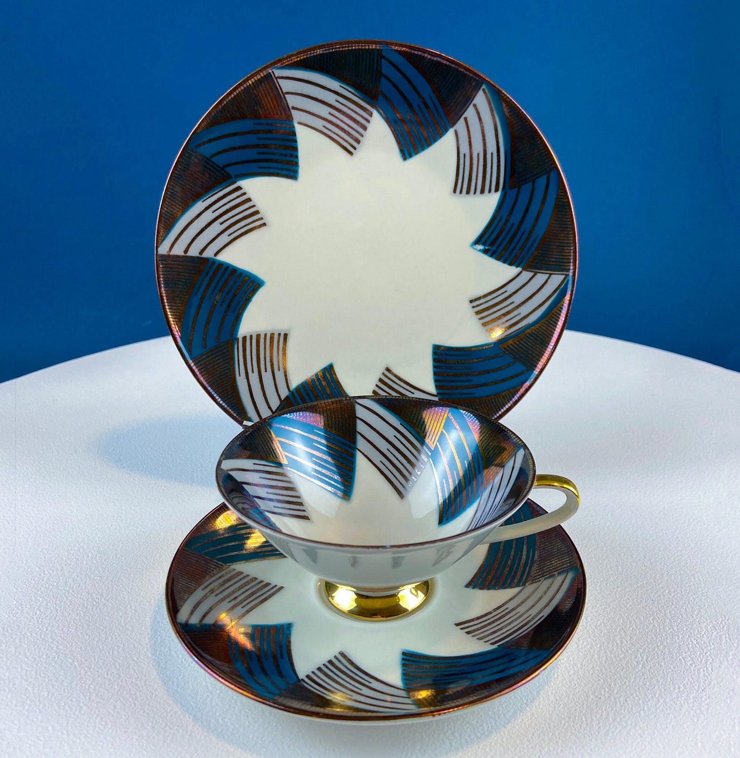 Antique Bavarian Porcelain Tea Cup Trio. Porcelain Cup, Saucer, Dessert Plate in Gold Green White Geometrical Motif. Maud Dining Room Decor.