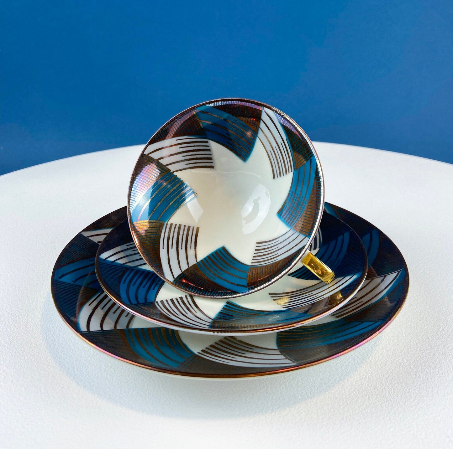 Antique Bavarian Porcelain Tea Cup Trio. Porcelain Cup, Saucer, Dessert Plate in Gold Green White Geometrical Motif. Maud Dining Room Decor.