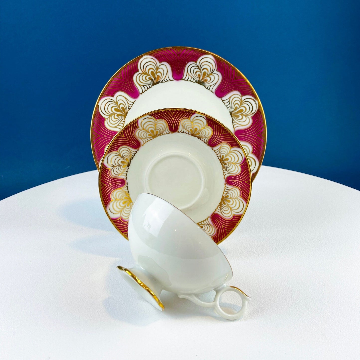Antique Bavarian Cup, Saucer and Dessert Plate by Elgenbein Porcelain. Gold and Red Floral Pattern. Dining Room Decor. Mid Century Modern.