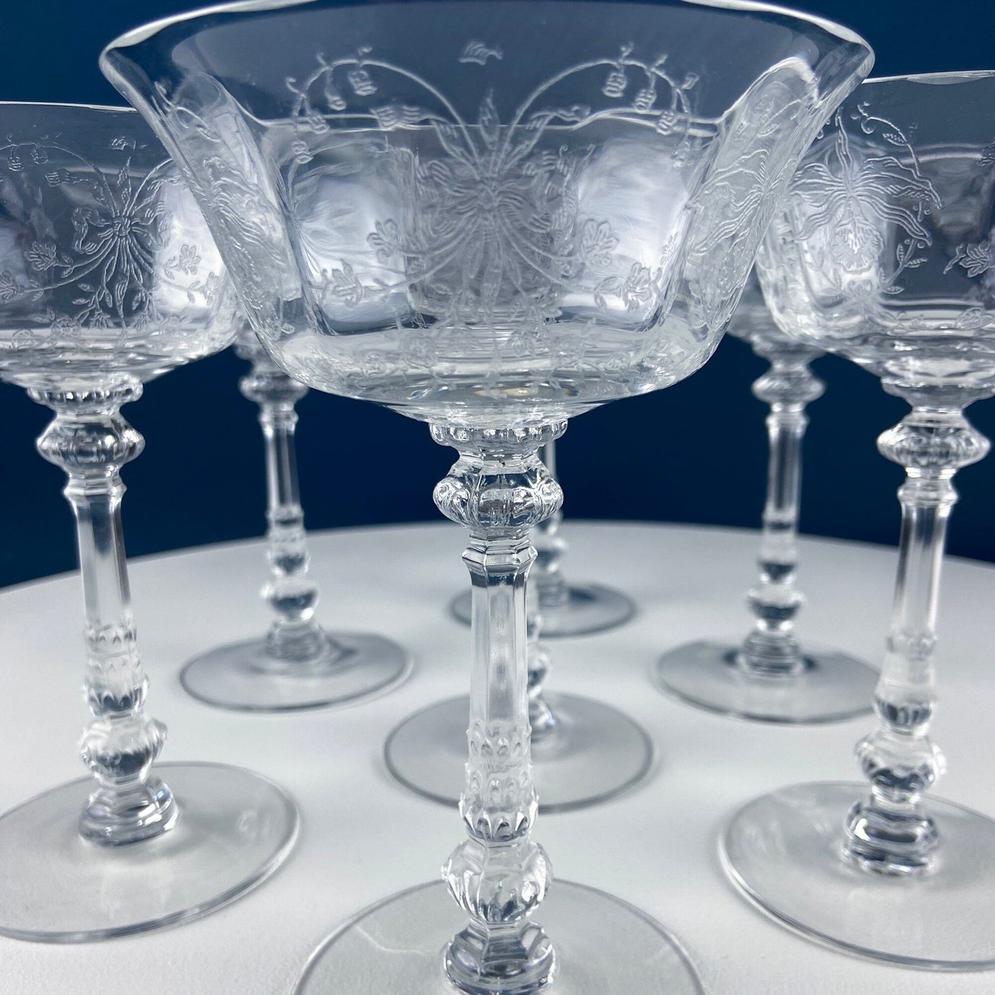 Heisey Champagne Stemware. Set of 6 Orchid Pattern Etched Crystal Glasses. Home Gift. Dining Room Decor. Collectible Glassware.