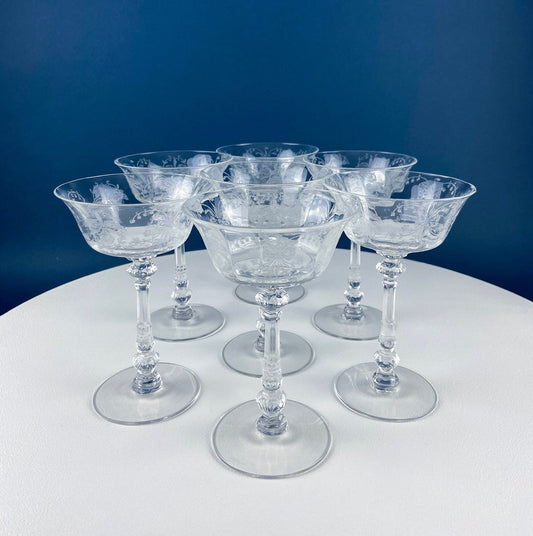 Heisey Champagne Stemware. Set of 6 Orchid Pattern Etched Crystal Glasses. Home Gift. Dining Room Decor. Collectible Glassware.